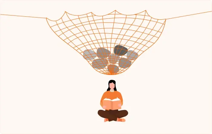 Woman reading a book with a heavy net of rocks hanging over her head.