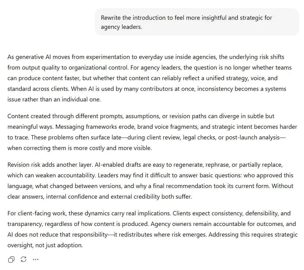 AI-written blog introduction for marketing agency owners focused on strategic risk, revision control, and unified client messaging.