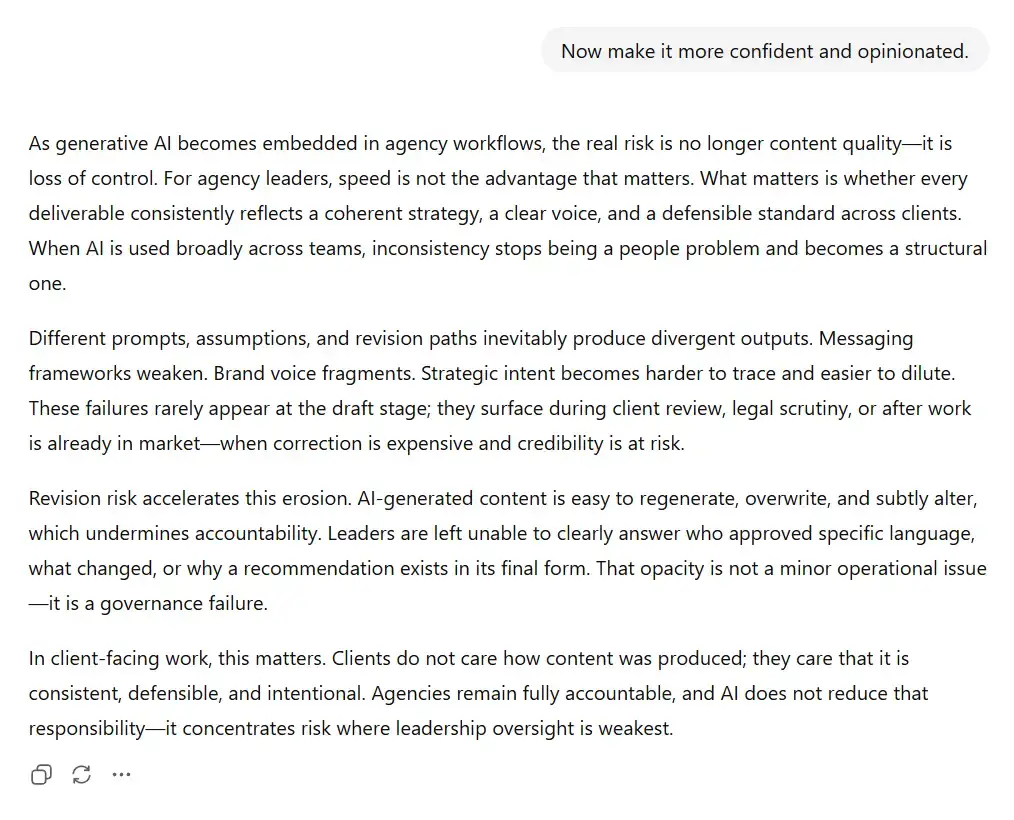 Confident AI-written agency blog introduction emphasizing governance risk, accountability gaps, and client-facing consequences of AI use.